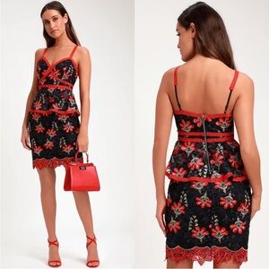 Lulus Karina Black and Red Floral Embroidered Peplum Dress S NWT